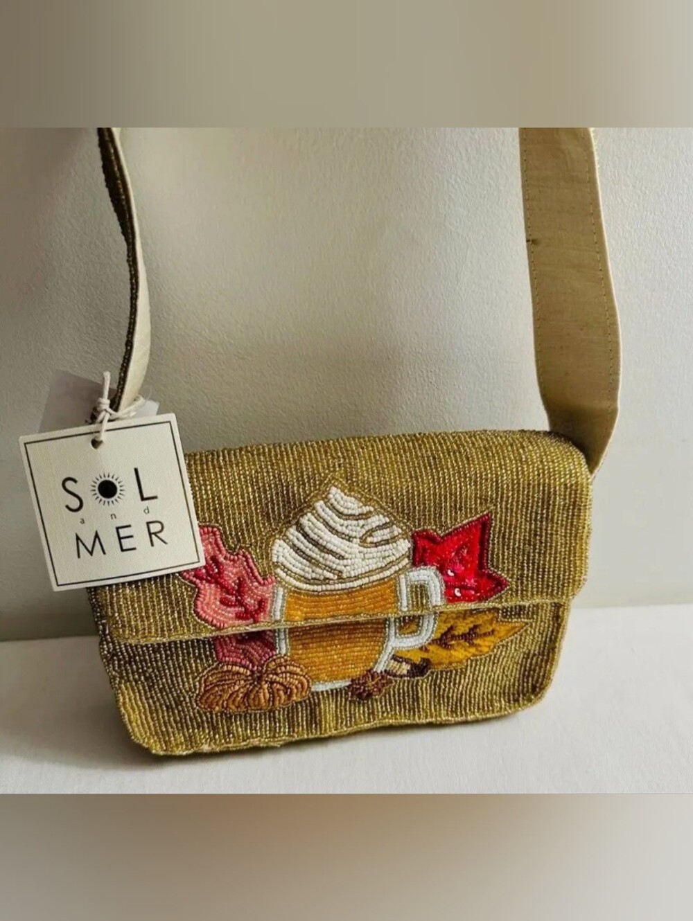 TJ Maxx Viral Autumn Pumpkin Spice Latte Beaded Handbag Gold Metallic  NWT